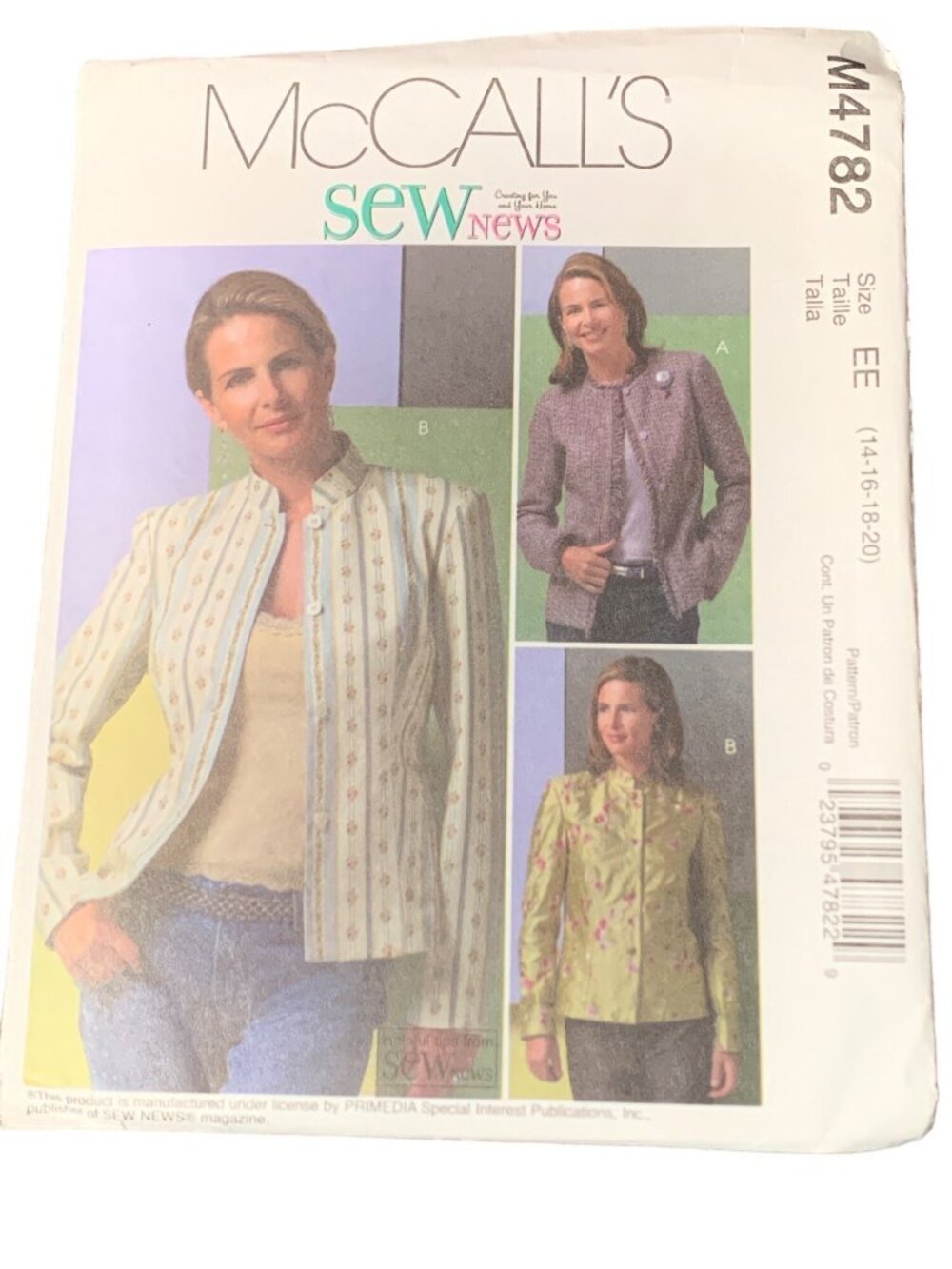McCalls M4782 Sewing Pattern 14-16-18-20 Womens Jacket Pattern Uncut
